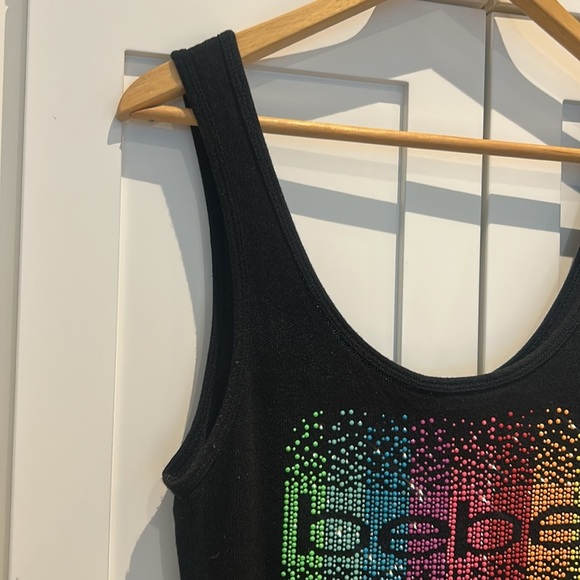 Bebe Black Tank Maxi Slit Dress Rainbow Rhinestone Logo Bodycon Y2K 90’s Size M - Picture 6 of 16